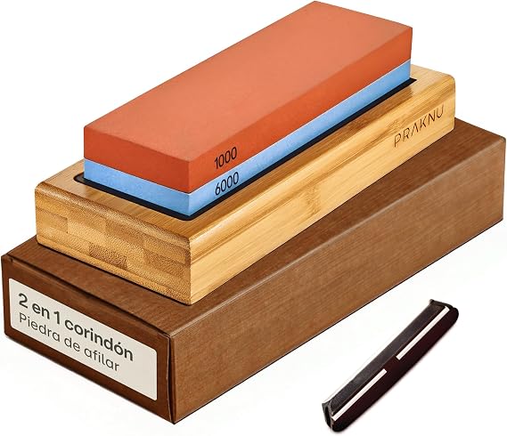 Praknu Knife Sharpening Stone 1000/6000 – Knife Sharpening Stone with Non-Slip Silicone and Bamboo Base – Suitable for Beginners – for Optimal Sharpening