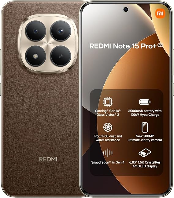 XIAOMI REDMI Note 15 Pro+ 5G - 8+256GB Smartphone, 6.83" 1.5K AMOLED Display, Snapdragon 7s Gen 4, 200MP Camera, Hypercharge 100W, Charger Not Included, Mocha Brown (ES Version) [Energy Class B]