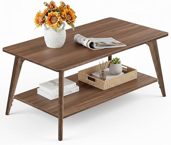 VASAGLE Coffee Table, 2-Tier Center Table with Storage, Tapered Legs