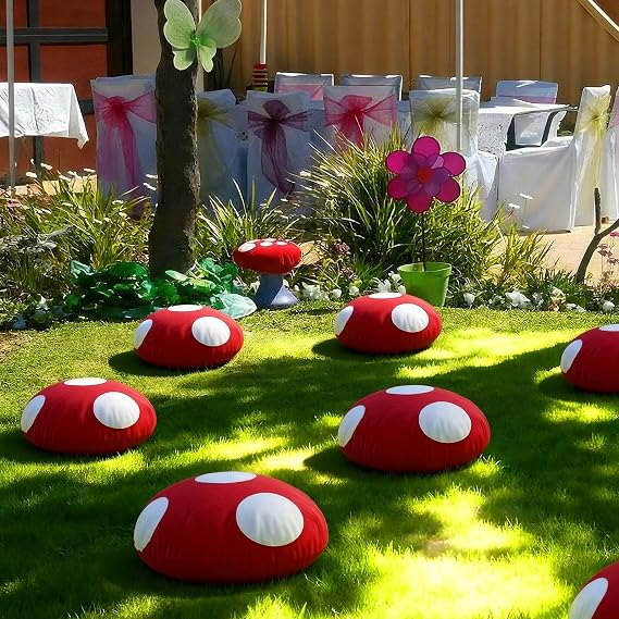 Hahafelt 6 Pcs Cute Mushroom Floor Pillow 13.78 Inch Soft Mushroom Stuffed Throw Pillow 3D Round Red Seating Cushion with Polka Dot Wonderland Theme Party Decor for Home Bedroom Living Room