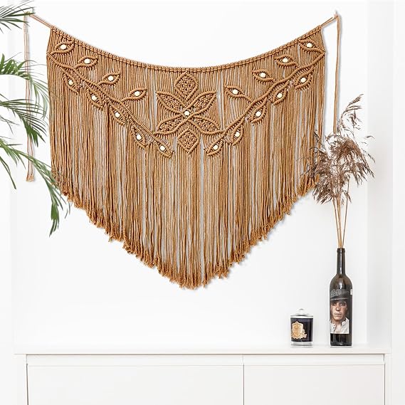 Youngeast Home Decor Leaf Shape Macrame Wall Hanging Woven Tapestry Bedroom Curtain Fringe Garland Banner Living Room Wall Decor Brown 39X31 inches