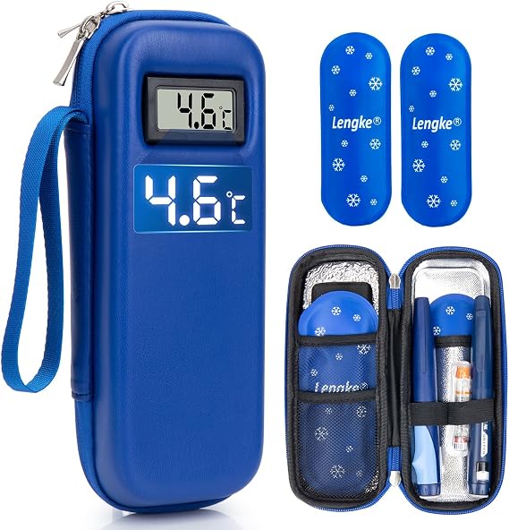 Insulin Cooler Travel Case with Temperature Display, TSA Approved Insulin Pen Case with 2 Ice Packs, Portable Peptide Case & Travel Diabetic Supplies (Blue)