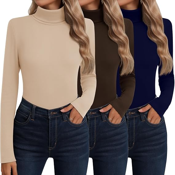 Neer 3 Pack Womens Cotton Turtleneck Long Sleeve Thermal Tops