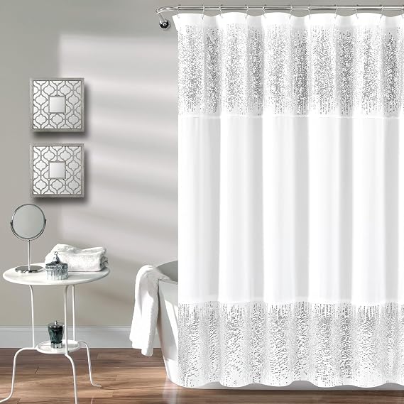 Lush Decor Shimmer Sequins Shower Curtain Single 70" W x 72" L Silver - Sequin Shower Curtains for Bathroom - Modern Glam Bathroom Curtains