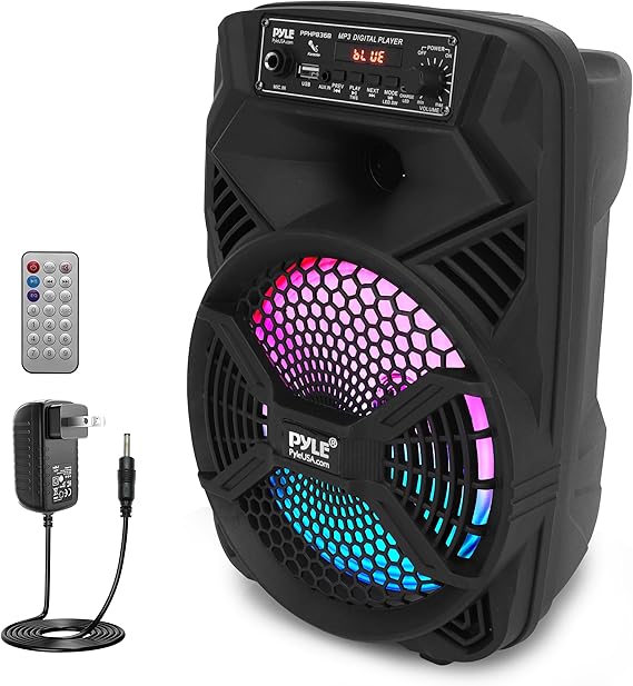 Pyle 8" Portable PA Bluetooth Speaker 300W Max Power, Rechargeable Battery, Flashing LED Party Lights, MP3/USB/FM Radio, Aux Input, Ideal Karaoke Machine for Indoor/Outdoor Events, 8.8"x 7.7"x13.1"