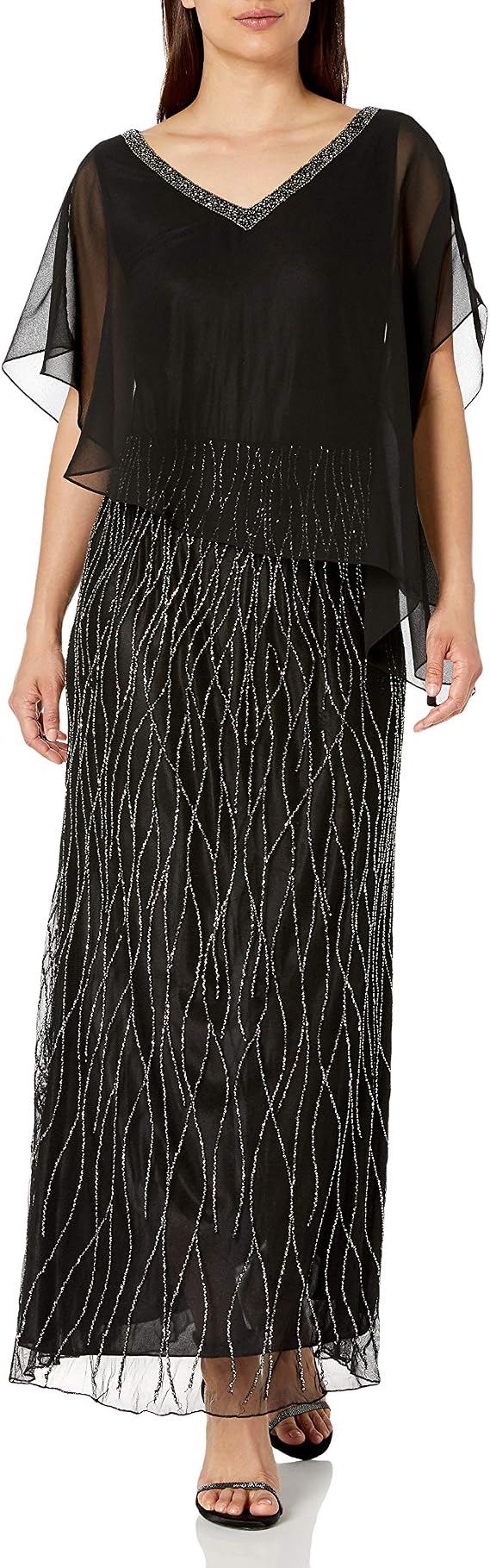 J Kara Women's Petite Scoop Neck 3/4 Sleeve Beaded Dress