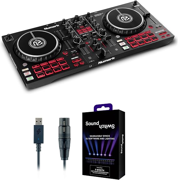 DJ Controller & DMX Bundle - 2 Deck DJ Set with Capacitive Touch Jog Wheels & Audio Interface - Numark Mixtrack Pro FX & SoundSwitch DMX Interface