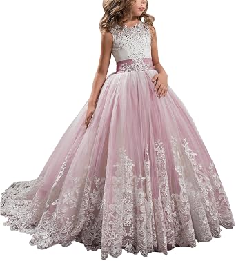 Princess Lilac Long Girls Pageant Dresses Kids Prom Puffy Tulle Ball Gown