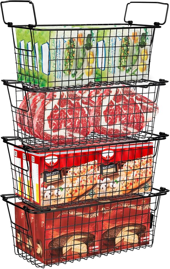 Stackable Freezer Organizer Bins 4 Pack for 5 Cu.FT Deep Freezer Organizer Baskets for Chest Freezer, Refrigerator, and Fridge Storage - Convenient Handles for Easy Access, Black
