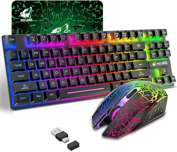 Wireless Membrane Gaming Keyboard and Mouse Set with 87Key Tenkeyless-Black