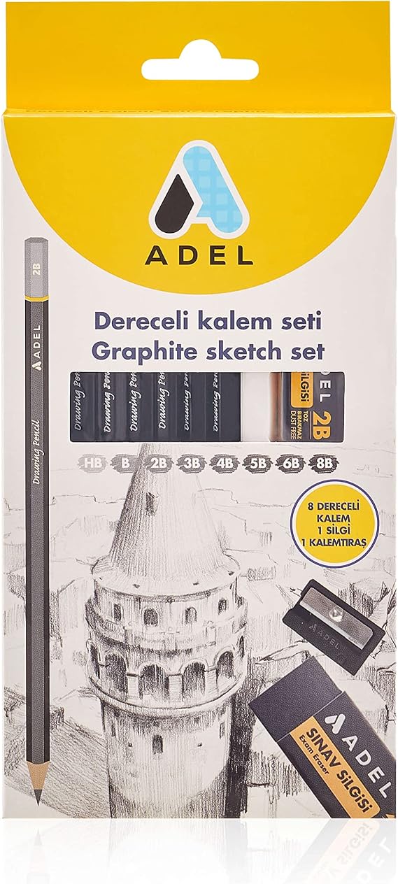 Adel Dereceli Kurşun Kalem Seti, 8’li, HB-8B, Sınav Silgisi ve Kalemtıraş Hediyeli, Teknik Çizim ve Eskiz İçin