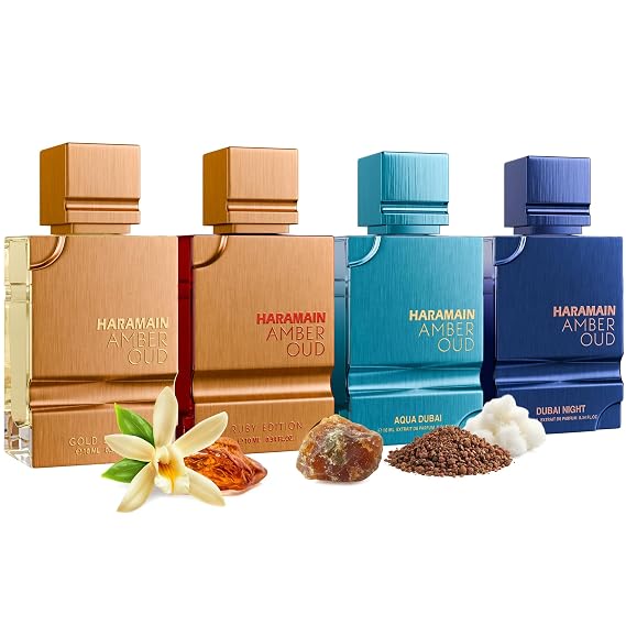 Al Haramain Amber Oud Eau de Parfum 4PC 10ML Each Mini Perfume Set for Women & Men Cologne Gift Set, Unisex Arabian Perfume Sampler with Gold & Ruby Edition, Dubai Night and Aqua Dubai Fragrances