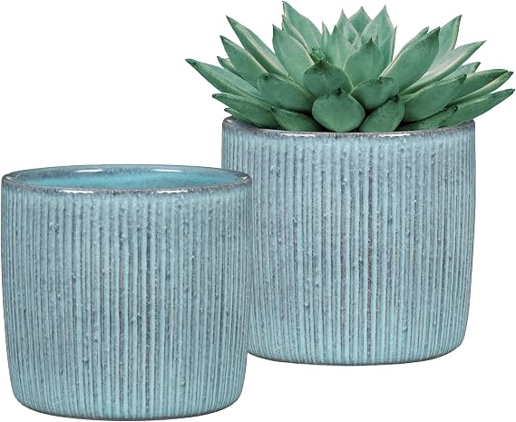 SCHEURICH Set of 2 Solido Linea Lagoon Ceramic Planters 5.9" Decorative Pots for Indoor Plants - Waterproof&UV-Resistant - Elegant Relief Texture - Made in Germany, Modern Home&Office Decor - 0.5 gl