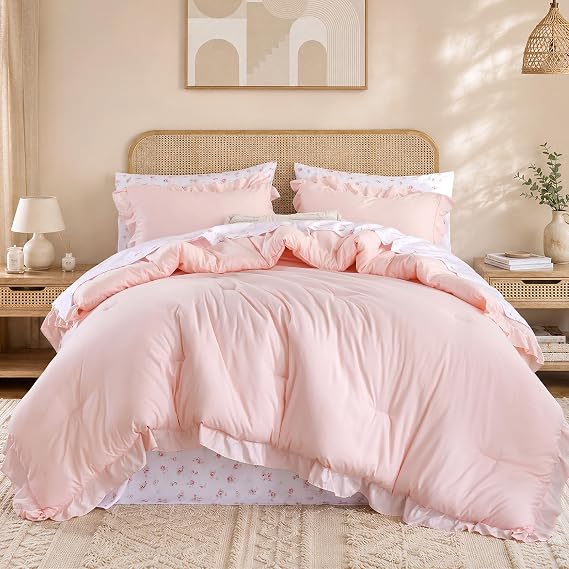 JANZAA Ruffle Queen Comforter Set with Floral Sheets 7 Pieces Pink