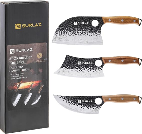 Chef Knife Set – 3’ Meat and Kitchen Knife: Serbian Chef Knife, Row Knife, Viking Knife – Ergonomic Wooden Handle, Hand Tattoo Pattern, Stainless Steel