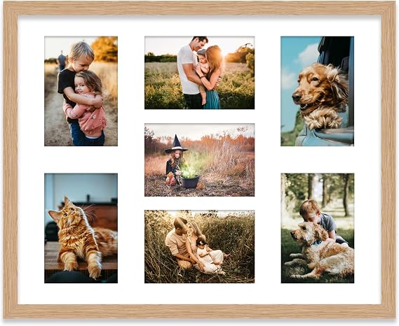 20x16 Inch 7 Opening Photo Collage Frame, Display Seven 6x4 Inch Photos, Multi Aperture Family Picture Frame, Oak