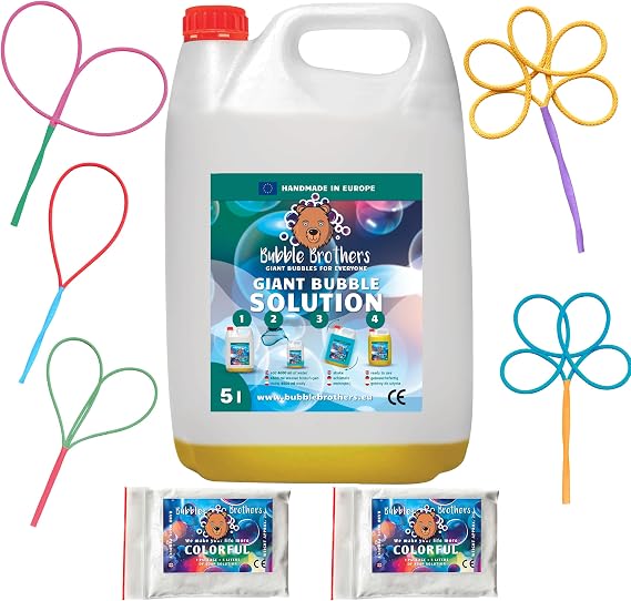 Bubble Brothers Premium Giant Bubble Solution 10L Concentrated Bubble Mix & Extra Powder for Big Bubbles Bubble Wands and Bubbles Machines Bubble Liquid (1 x 5L + 2 Powders + 5 Bubble Makers)