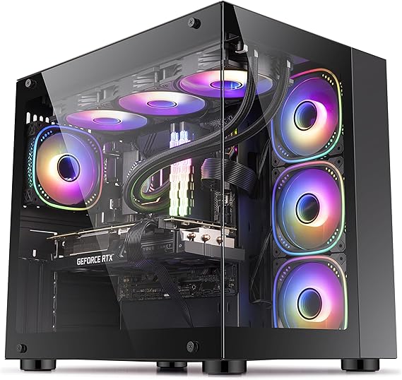 IONZ KZ-ZE/B PC Gaming Case, ATX Mid Tower, Dual Chamber Dynamic Extended Series,Tempered Glass, 4 x ARGB PWM Fans Included - Black