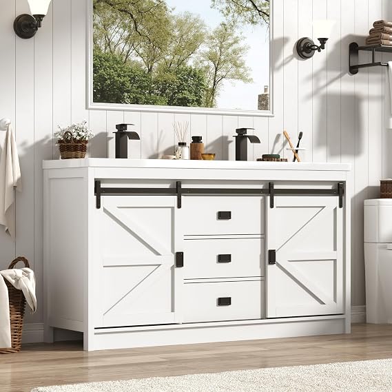 Double Bathroom Vanity with Sink & Faucet & Sewer Pipes,59" Farmhouse Bathroom Vanity Cabinet Set with 3 Storage Drawers & Sliding Barn Door,Double Sink Vanities With Metal Handle(White)