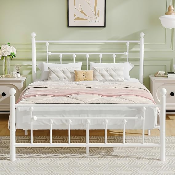 VECELO Full Size Metal Platform Bed Frame with Headboard and Footboard, Heavy Duty Slat Support/No Box Spring Needed Mattress Foundation/Underbed Storage Space, Victorian Style