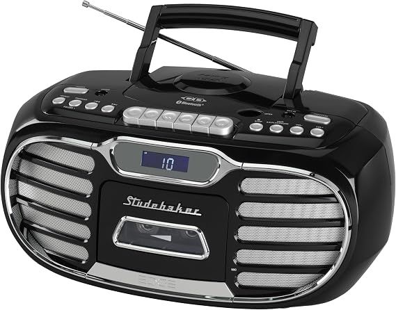 Studebaker Retro Edge Big Sound Bluetooth Boombox with CD/Cassette Player-Recorder/AM-FM Stereo Radio (Black/SB2150B)