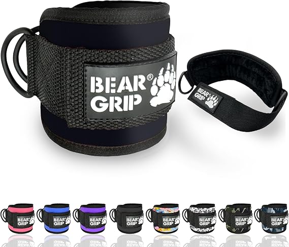 BEAR GRIP Adjustable Gym Cuffs - Wrist & Ankle Straps for Cable Machines w/Double D-Ring, Gym Straps Cable Attachments for Booty Workouts, Cable Kickback for Men and Women