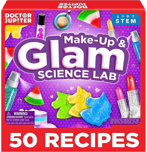 Doctor Jupiter Glam Science, DIY Makeup Craft Kit for Kids Ages 6,7,8+ | Birthday Gift for Girls Ages 6,7,8,9,10,11,12, DIY Makeup Craft Kit, Make Your Own Lip Gloss, 50+ Beauty Recipes