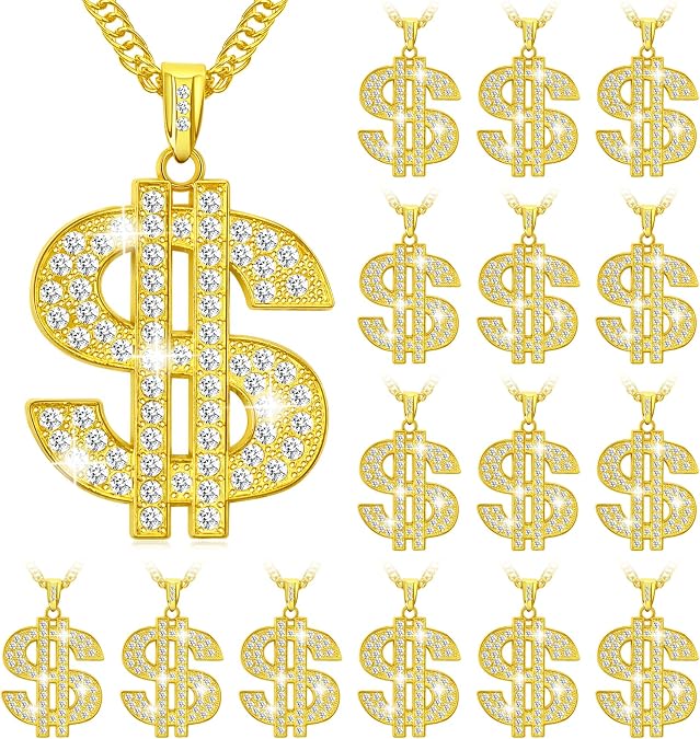 Money Chain with Dollar Sign Necklace,Chunky Necklace for Women Men,Fake Gold Chain Necklace,Hip Hop Chain Bulk Costume Rapper Chain Big Gold Chain Necklace Pendant Necklace 80s 90s Punk Style