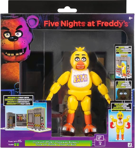 Jazwares Five Nights at Freddys Classic Chica Office Set - 5-Inch Articulated Figure with Jumpscare Feature, Glow-in-The-Dark Eyes, and Optical Diorama