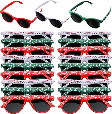 Kingdder 24 Pcs Christmas Sunglasses Bulk Holiday Sunglasses Red Green White Three Designs Merry Christmas Eyeglasses Xmas Costume Accessories for Xmas Party Supplies Holiday Decorations Photo Props