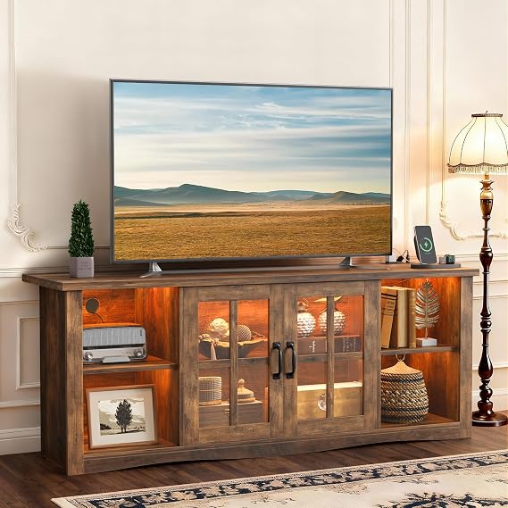 YESHOMY Farmhouse LED TV Stand with Power Outlet for 65 Inch TV, Brown