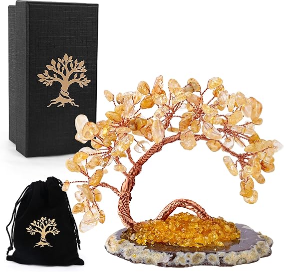 Chakra Crystal Money Tree with Agate Base Fengshui Bonsai Figurine for Wealth, Money Tree Figurines Ornament for Home Office Wedding Decoration (3-4 Inch) (Yellow)