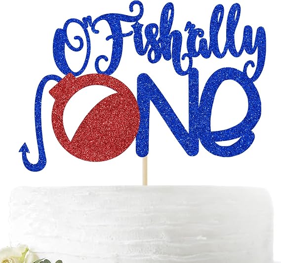 Ofishally One Cake Topper - The Big One Theme Decoration - Boy's First Birthday, Fishing Themed 1st Birthday Party Supplies(Blue and Red)