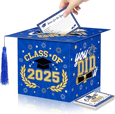 Erweicet Class of 2025 Graduation Card Box Blue Gold Congrats Cap Shaped Card Holder Boxes with Tassel 48 PCS Advice Wishes Cards for 2025 Graduation Party