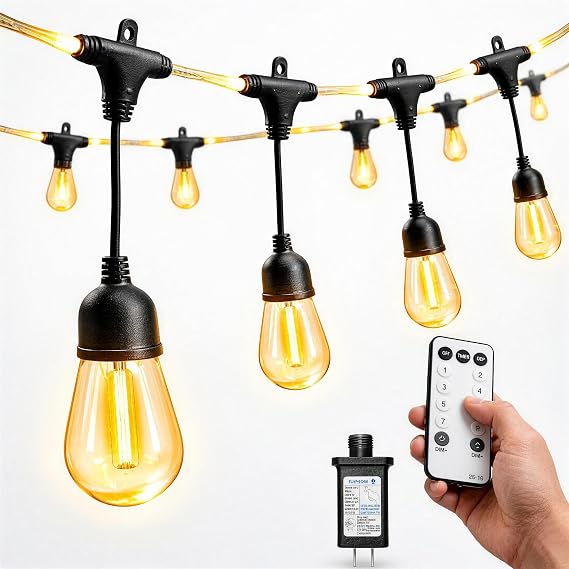 LED Outdoor Edison String Lights Waterproof IP65 with Remote 21.5FT Lighted Length, 12 Shatterproof Bulbs with Timer and IC function, Patio & Backyard Lights, Dimmable Warm White 2700K, ETL Certified