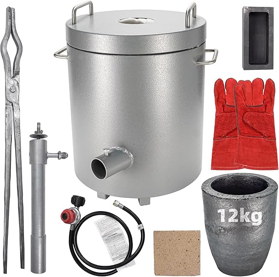 Metal Melting Furnace, 12 Kg Propane Melting Furnace with Crucibles & Tongs Kiln, Casting Refining Smelting for Precious Metals Gold Silver Tin Aluminum Melting Casting Tool