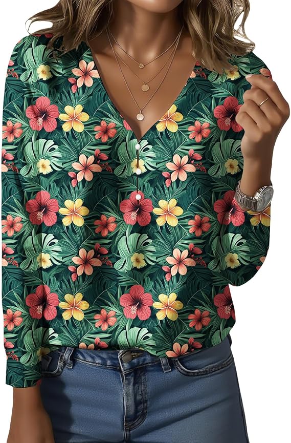 Womens Tropical Print V Neck Button Front Long Sleeve Cotton Blend Blouse Summer Vacation Top