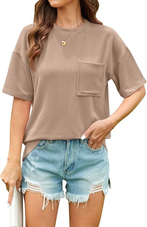Women's Color Block Pocket T-Shirt - Summer Casual Oversized Crewneck Tee with Wave Texture Polyester Rayon Blend Top