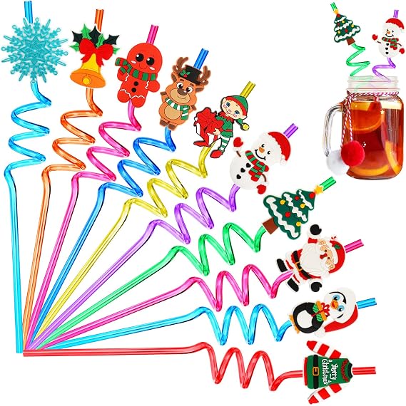 JANYUN 20 Pcs Reusable Plastic Christmas Straws for Kids