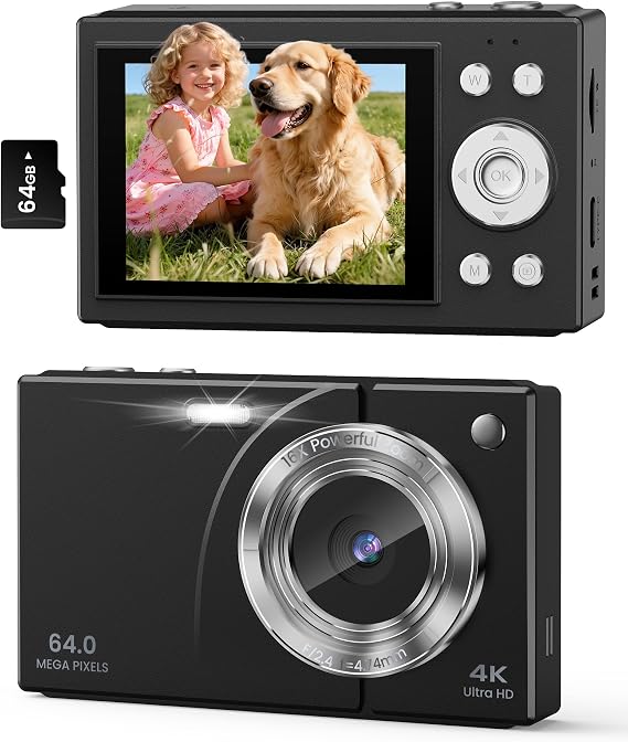 Digital Camera 4K Autofocus Vlogging Camera with 64GB Card, 64MP, 16X Zoom | Creative Filters, Continuous Shooting, Self-Timer, Smile Capture, Record While Charging Support, Travel, Birthday Gift, Black
