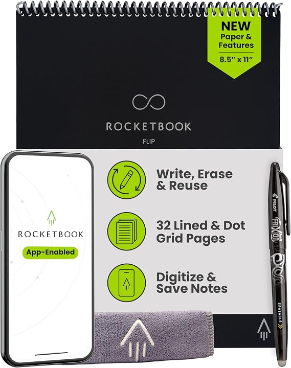 Rocketbook Flip Reusable Smart Notepad, Letter Size 8.5x11, Black