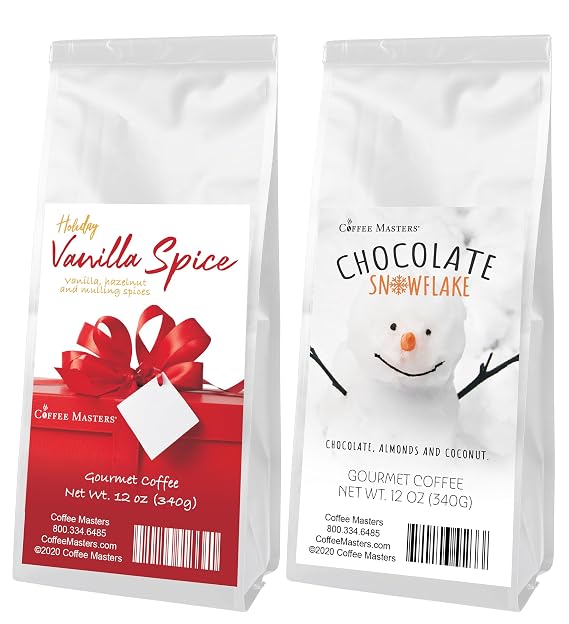 Coffee Masters Christmas Coffee Sampler - Vanilla Spice and Chocolate Snowflake 12 oz Ground Coffee