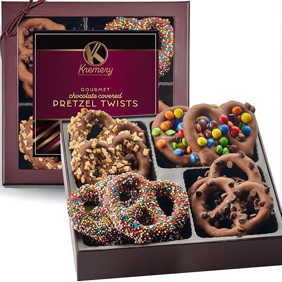 KREMERY Creamy Chocolate Cravings - Fathers Day Treats, Gift For Dad, Chocolate Covered Pretzel Twists Gift Basket with Candied Toppings (12 Pretzels) Sweet Treats in Brown Gift Box Kosher