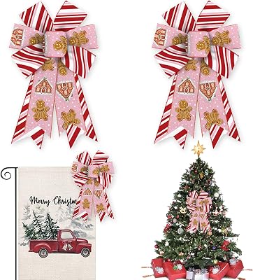 2PCS Christmas Bow for Wreath, Gingerbread Man House Red Stripes Wreath Bow for Christmas Decor Winter Bow for Front Door Indoor Outdoor Wall Tree Topper Decoration Supplies Hanging Ornament