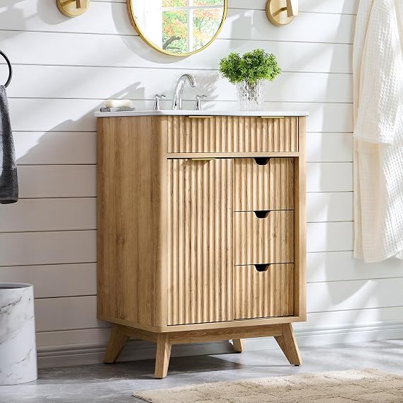 T4TREAM 24" Fluted Bathroom Vanity with Ceramic Sink Combo, Natural Oak | Freestanding Small Modern Bathroom Storage Vanity Cabinet with Sliding Door & 3 Drawer, Wood Grain Texture, Metal Handle