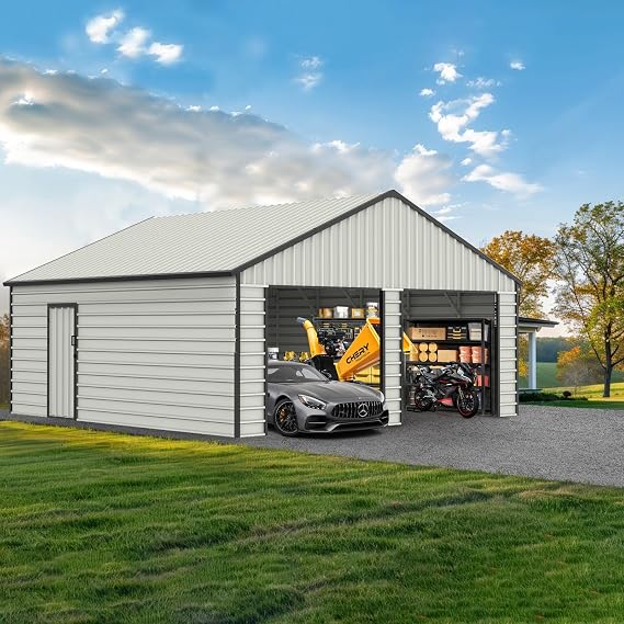 23 x 22 FT Metal Shed, Double Garage Shed with Side Entry Door, 2 Car Prefab Garage with 16 GA Steel Frame, Extra Large Outdoor Storage Building for Truck, Power Tools, Boat, Cream