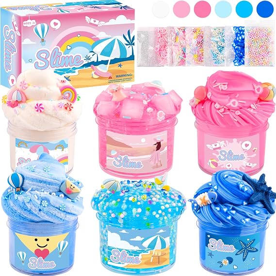 6 Pack Slimes, Pink & Blue Slime kit, Cloud Butter & Clear Slime, Party Favors, Sensory Toys for Kids Girls Boys Ages 4-12, Goodie Bag Stuffers, Birthday Gift Ideas Cute Stuff