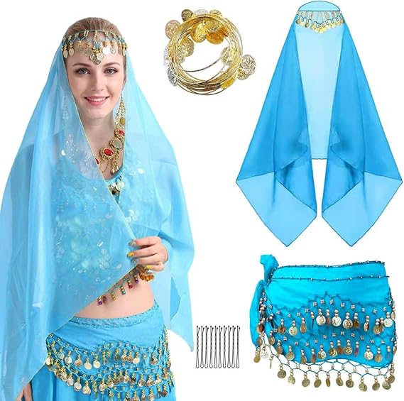 Wuchieal Set of 4 pcs Belly Dancer Outfit Sets, Chiffon Head Scarf,Belly Dance Hip Scarf, 10 Bobby Pins, 18 Metal Bracelets