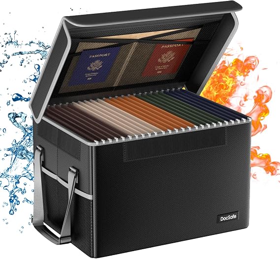 DocSafe Fireproof File Box with Lid Collapsible Document Storage Box for Letters/Legal Documents Portable Home Office with Handle Black
