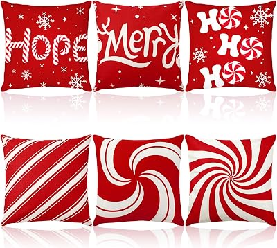 Mixweer Set of 6 Christmas Pillow Cover 18 x 18 Inch Candy Canes Decorative Throw Pillow Cover Red Xmas Merry Christmas Pillow Cases Winter Porch Patio Outdoor Pillowcase Cotton Linen Cushion Cover